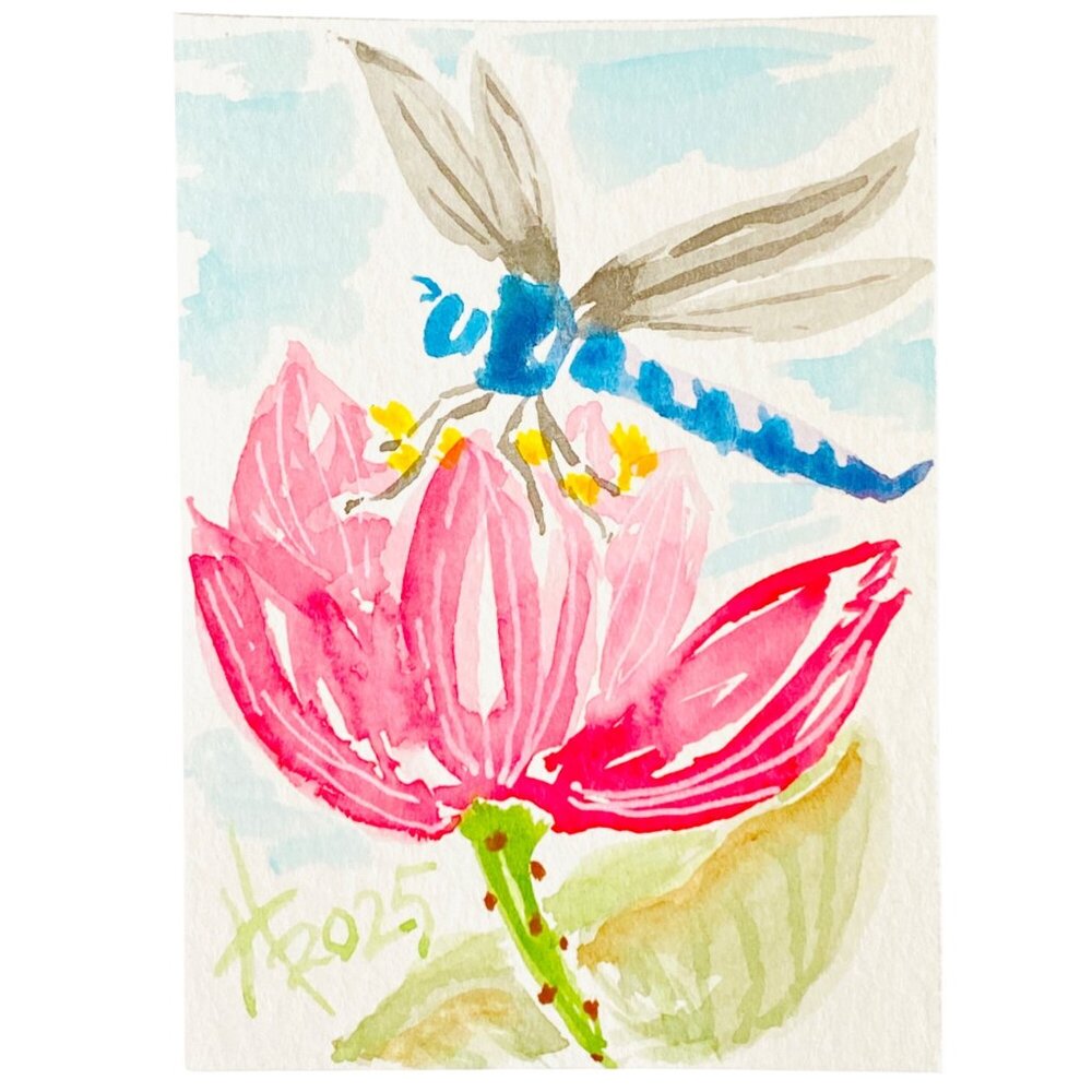 ACEO Original Art Watercolor Dragonfly on a Lotus Flower Mini Painting ATC